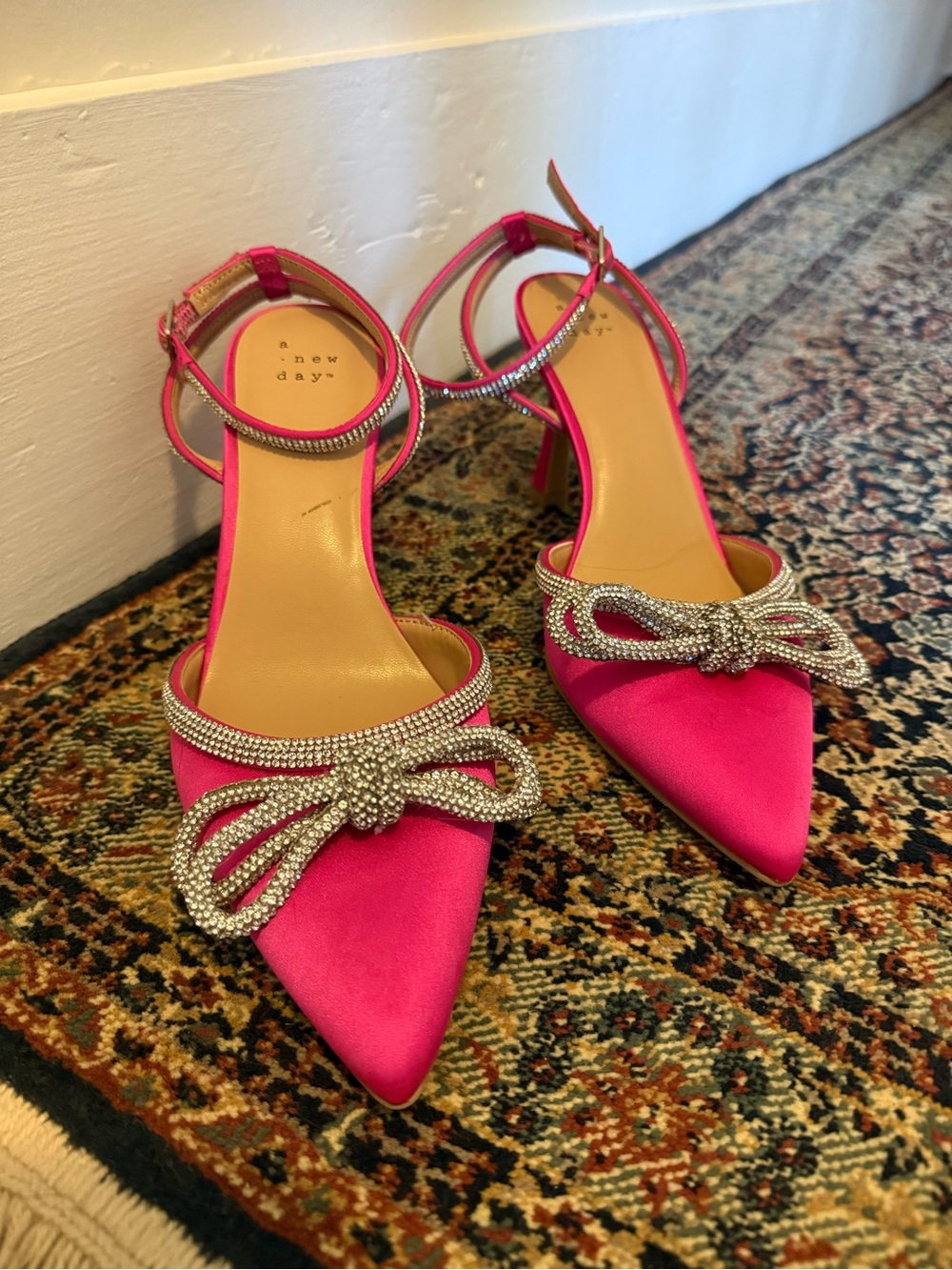 a new day Hot Pink Satin Pointed Toe Rhinestone Bow Ankle Strap Heels